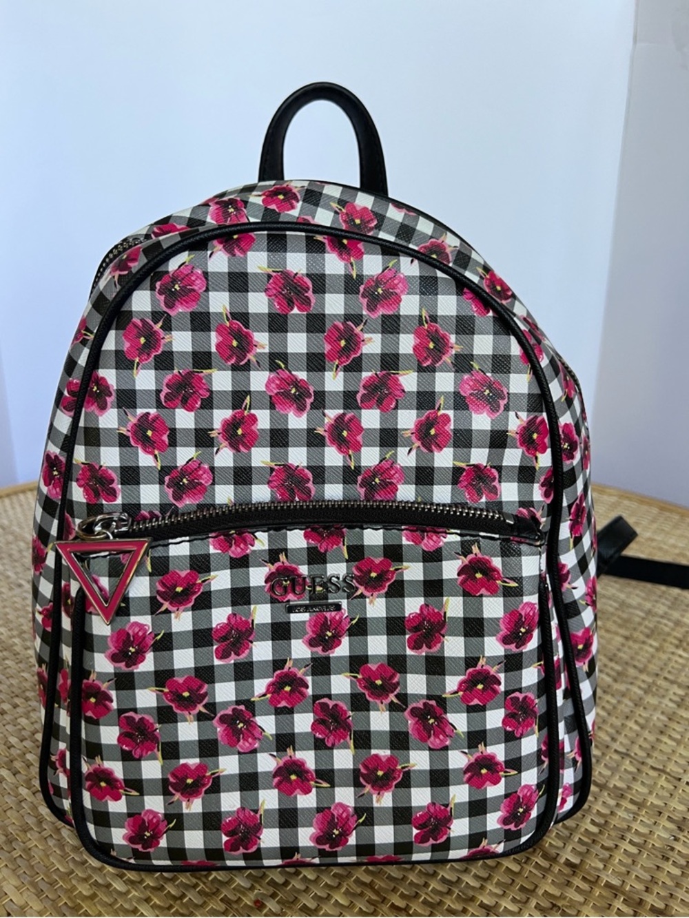 Guess Baldwin Park Pink Floral Gingham Checker Backpack Black White Adj Straps